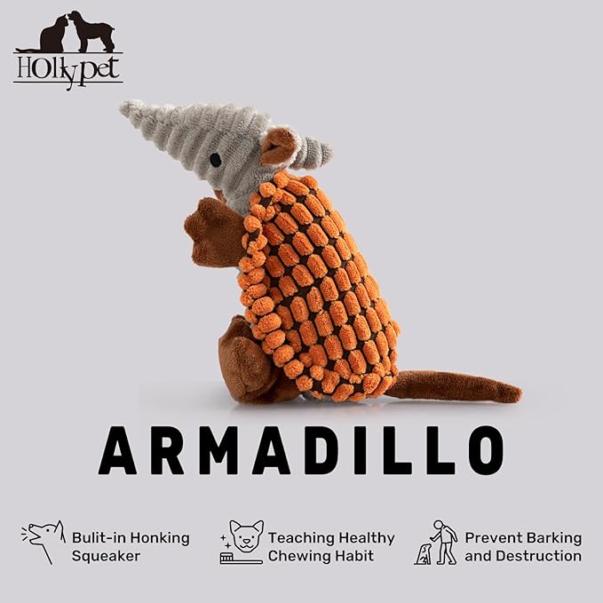 Hollypet Plush Dog Squeaky Toy Stuffed Armadillo Animal Pet Puppy Chew Toys with Clean Teeth for Small Medium Large All Breed Sizes Dogs, Tangerine, 8 in