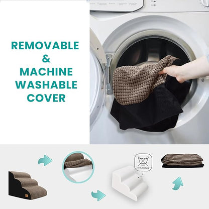 Dog Stairs for Small Dogs, 15.8 in H 3 Step Curved Dog Ramp for High Bed and Couch, Foam Dogs Ramp with Durable Non-Slip Waterproof Fabric Cover, Pet Stairs for Pets Joints, Brown