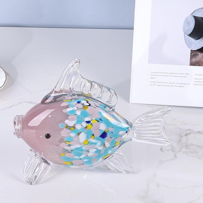 LCCCK Large Hand Blown Glass Fish Figurines, Aquarium Sea Glass Art, Fish Statue Sculpture Modern Coastal Accent - for Beach Knick Knacks, Coffee Tables, Nautical Offices Centerpiece (Colorful Pink)