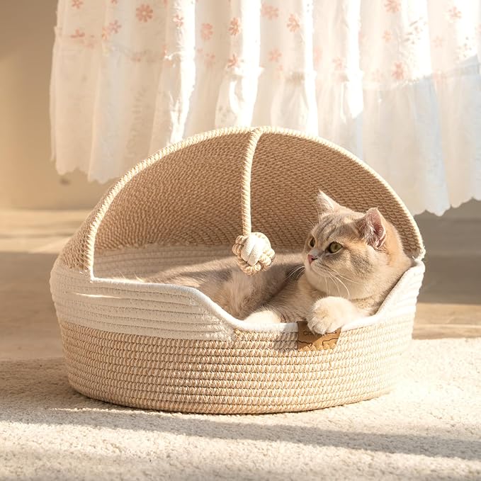 CHEERPALS Cat Basket Bed for Indoor Cats, Covered Pet Bed with Washable Cushion and Ball Rope Cotton Bed for Medium and Large Cat, All Season Universal(White)