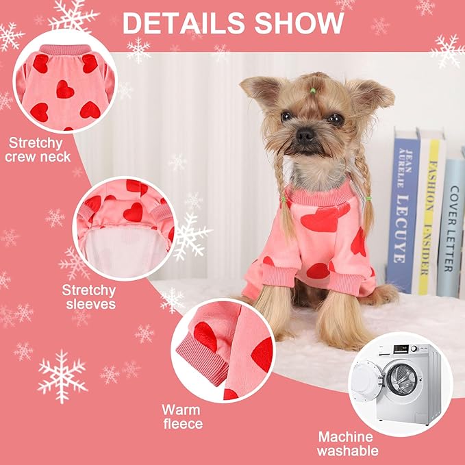 Dog Pajamas for Small Dogs Girl Boy Super Soft Dog Clothes Fleece Puppy Pjs Jammies 4 Leg for Chihuahua Yorkie Winter Spring Onesies Jumpsuit Clothing Cute Pet Outfits Pink Love Heart, S