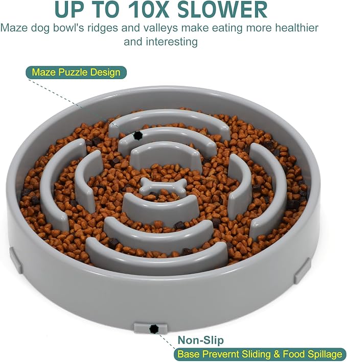 WHIPPY Large Slow Feeder Dog Bowls for Large Medium Dogs Anti-Chocking Slow Feeding Maze Dog Food Bowl Slow Eating Interactive Bloat Stop Puzzle Bowl,Gray