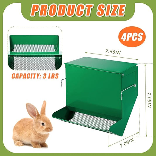 Maxcheck 4 Pcs Rabbit Feeder for Cages Small Animal Food Dispenser with Lid Metal Rabbit Feeders Outside for Guinea Pig(7.7 Inches,Green)