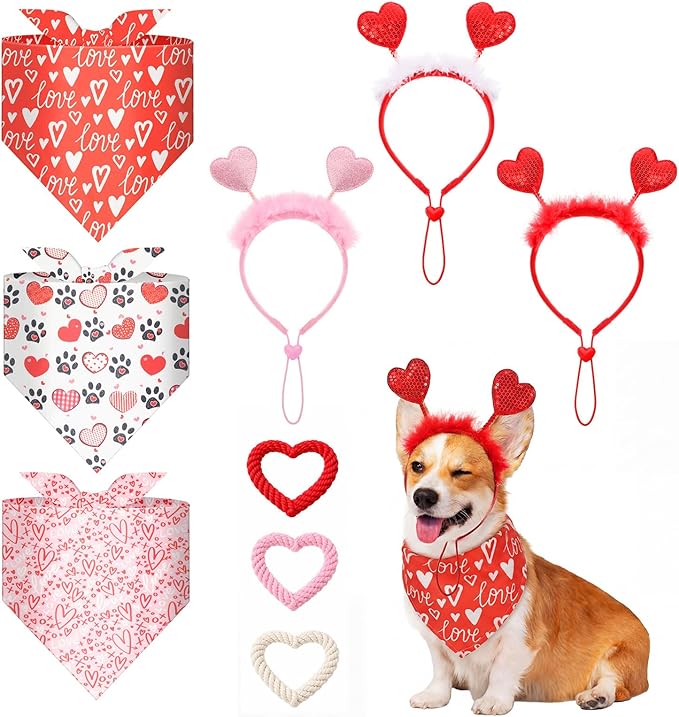 Sadnyy 9 Pcs Valentines Day Dog Costume Set Valentines Dog Outfits Including Pet Glitter Heart Headband Valentine Bandana Triangle Scarf and Heart Shaped Chew Toy for Small Medium Pet Holiday Party