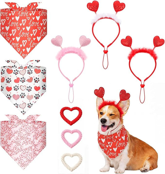 Sadnyy 9 Pcs Valentines Day Dog Costume Set Valentines Dog Outfits Including Pet Glitter Heart Headband Valentine Bandana Triangle Scarf and Heart Shaped Chew Toy for Small Medium Pet Holiday Party