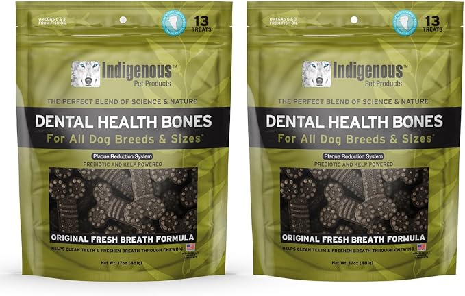 Indigenous Pet Dental Health Bones Regular 2 Pack – Original Fresh Breath (17 Ounce x 2) | Grain-Free Dog Chews with Prebiotics & Omegas | Freshens Breath, Supports Digestive, Skin & Coat Health |