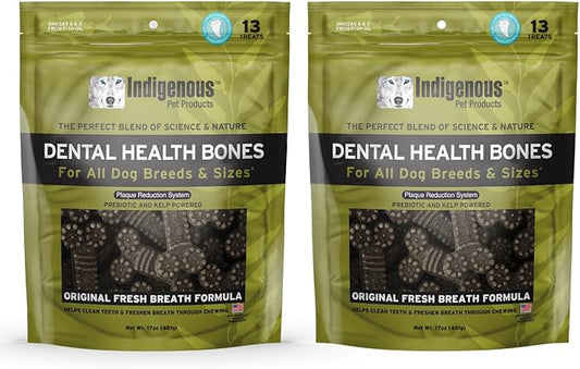 Indigenous Pet Dental Health Bones Regular 2 Pack – Original Fresh Breath (17 Ounce x 2) | Grain-Free Dog Chews with Prebiotics & Omegas | Freshens Breath, Supports Digestive, Skin & Coat Health |