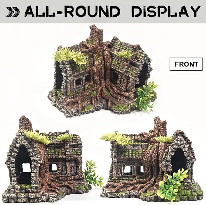 PTFJZ Aquarium Decorations Large Fish Tank Ornament Reptile House Shelter Decor Aquarium Hides with Betta Cave Temple Ruins Tree House Aquarium Landscape Decoration