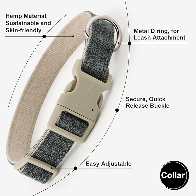 Plutus Pet Cotton Hemp Dog Collar and Leash Set, Adjustable Collar for Small, Medium, and Large Dogs, Heavy Duty and Soft on Skin, Gray, S