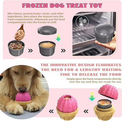 Frozen Treat Dispensing Dog Toy for Aggressive Chewers, Indestructible Chew Toys, Slow Puzzle Feeder for Small Medium Large Breed to Keep Them Busy, Reduces Anxiety, Easy to Clean, Pink
