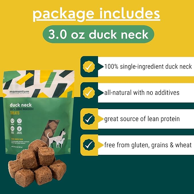 Momentum Carnivore Nutrition Freeze-Dried Duck Neck Dog Treats & Cat Treats – Single-Ingredient, High-Protein, Grain-Free, Natural Crunchy Chew – Made in USA – 3 oz Bag