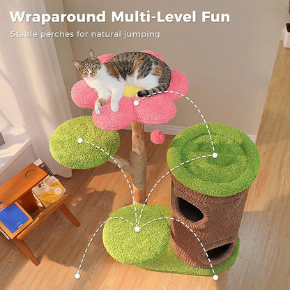 Wood Cat Tree with Flower Perch, 53.5" Modern Cat Tower w/Natural Solid Wood Scratching Post (φ3.8in), Large Heavy Duty Forest Cat Tree Furniture w/2 Condos for Indoor & Multi-Cat Household
