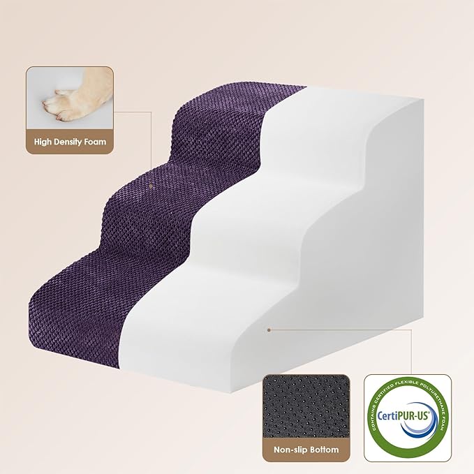 EHEYCIGA Curved Dog Stairs Ramp for Small Dogs 15.7" H, 3-Step Dog Steps for Couch Sofa and Chair, Pet Stairs for Cats, Non-Slip Balanced Pet Steps Indoor, Purple