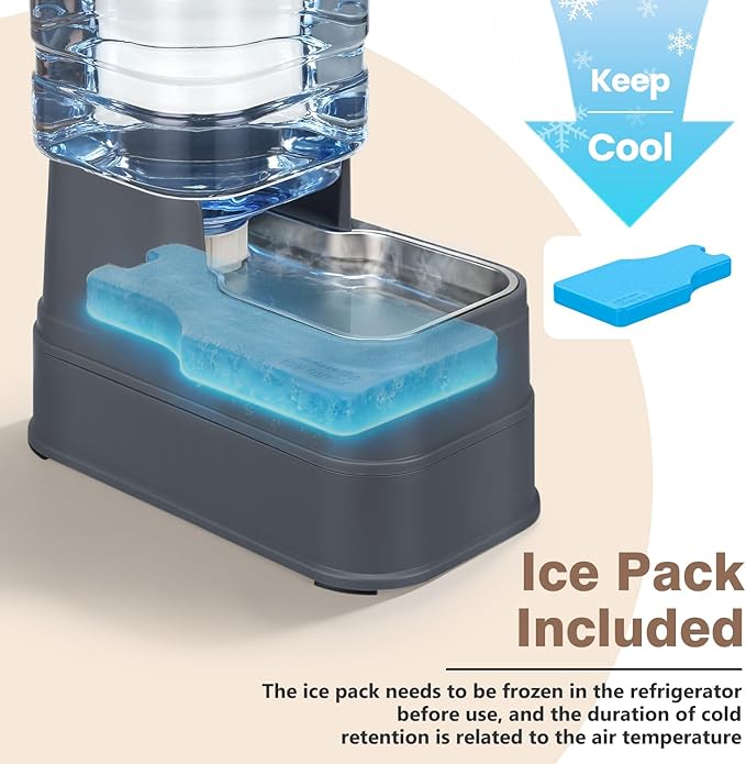 Cat Automatic Feeder Dog Water Dispenser with Stainless Steel Bowl Pet Gravity Waterer Large Capacity Feeding Raised Bowls for Small Medium Large Pets with Filter,Ice Pack 8L