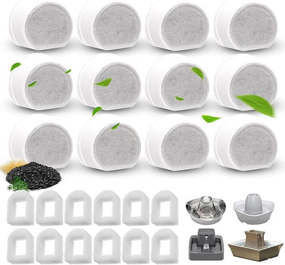 24/40 Pcs Replacement Carbon Charcoal Filters Dog and Cat Water Fountain Compatible with Multiple Pet Fountains. (12 Carbon Filters+ 12 Sponges)