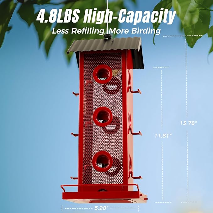 Shineforu All Metal Bird Feeder for Outdoors Hanging | 14-Port Multi-Bird Viewing | Rust-Proof, Waterproof & Easy-Clean | Attracts Cardinals, Finches, Chickadees & More (Elegant Red & Black)