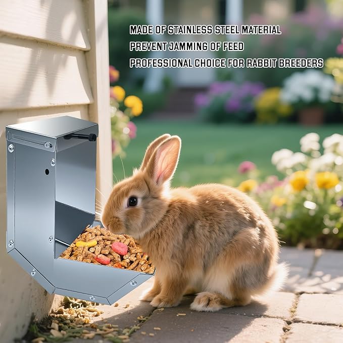 Small Animal Gravity Feeder 4 Pcs - Stainless Steel Pet Feeding Rabbits Feeder, Anti-Corrosion Durable with Sliding Lid for Indoor Outdoor Cage Use