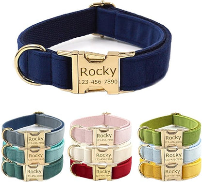 Personalized Velvet Dog Collars with Pet Name Phone Number Engraved, Custom Adjustable Soft Collar with Metal Buckle for Small Medium Large Dogs, Dog Leash and Bow Tie Available -Dark Blue