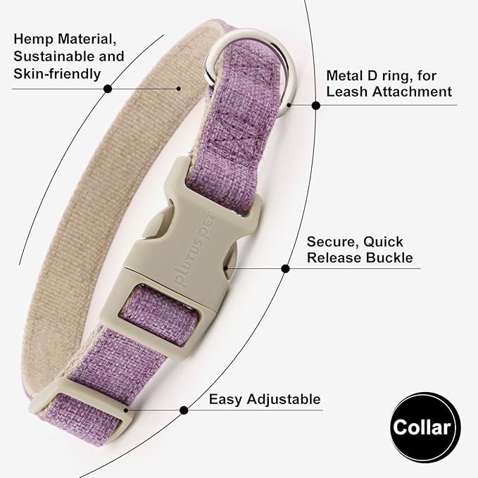 Plutus Pet Cotton Hemp Dog Collar and Leash Set, Adjustable Collar for Small, Medium, and Large Dogs, Heavy Duty and Soft on Skin, Lavender, L