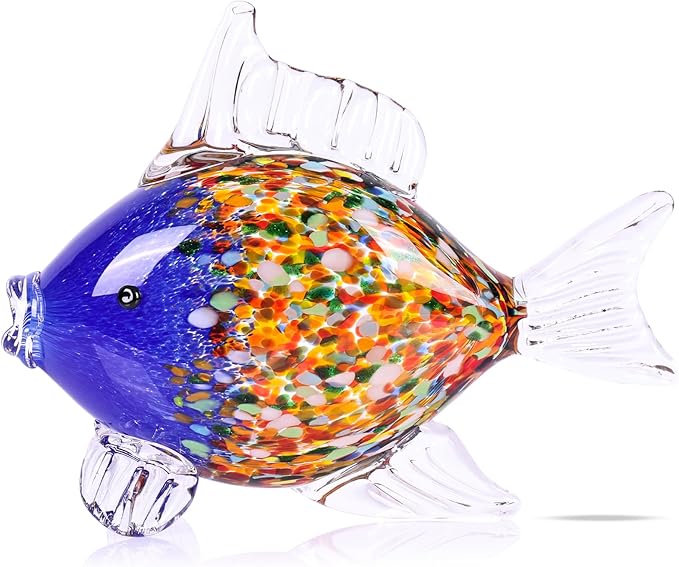 Large Hand Blown Glass Fish Figurines, Aquarium Sea Glass Art, Blue Orange Fish Statue Sculpture Modern Coastal Accent - for Beach Knick Knacks, Coffee Tables, Nautical Offices Centerpiece