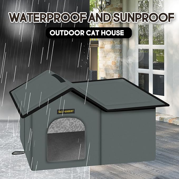 Rest-Eazzzy Cat House for Outdoor Cats, Weatherproof and Insulated Feral Cat House with Mat and Clip, Easy to Put Together, Selfwarming Cat Shelter for Winter(Grey, Waterproof House-L)