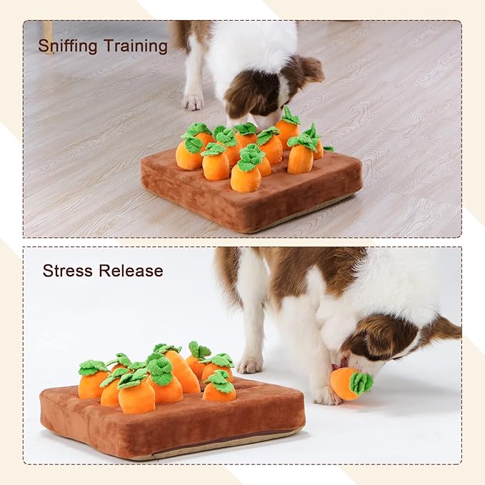 Interactive Dog Toys，Carrot Snuffle Mat for Dogs Plush Puzzle Toys 2 in 1 Non-Slip Nosework Feed Games Pet Stress Relief with 12 Carrots