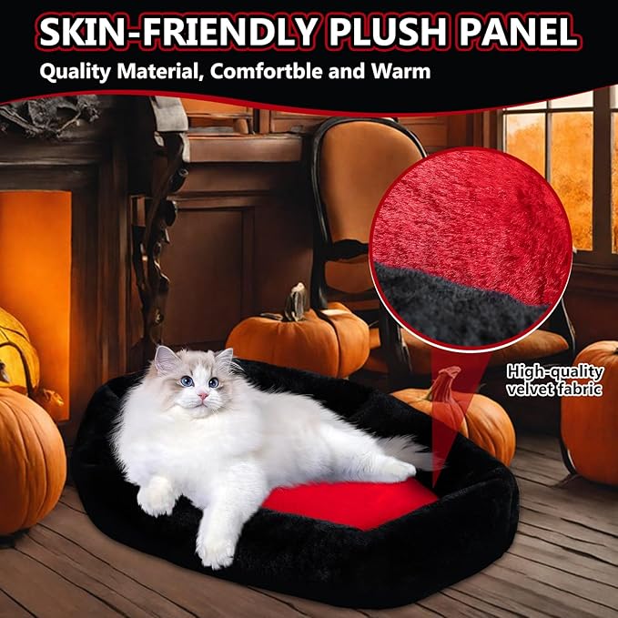 Cat Beds for Indoor Cats, Gothic Cat Beds Fits up to 40 lbs, Washble Coffin Dog Bed, Fluffy Pet Bed, Halloween House 32 * 22.4 Inch, Red & Black Large