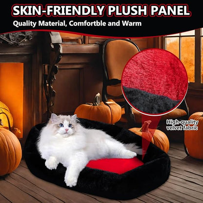 Cat Beds for Indoor Cats, Gothic Cat Beds Fits up to 40 lbs, Washble Coffin Dog Bed, Fluffy Pet Bed, Halloween House 32 * 22.4 Inch, Red & Black Large