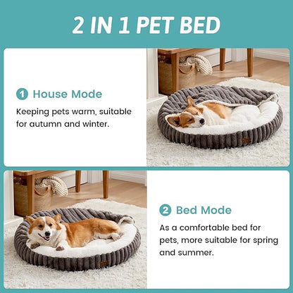 Small Dog Bed with Hooded Blanket, Round Fluffy Anti-Anxiety Pet Bed for Small Dogs & Medium Dogs, Cozy Donut Cuddler with Machine Washable Faux Fur & Anti-Slip Bottom(26"×26"×7",Grey)