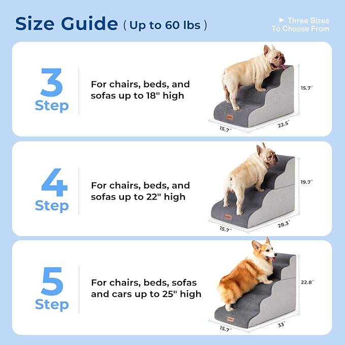 Dog Stairs for Small Dogs - Pet Stairs for Couch and Bed, 35D Foam Dog Steps Ramp with Non-Slip Bottom Beige, 3 Steps