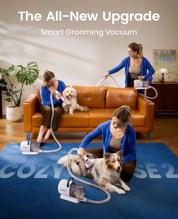oneisall Dog Grooming Vacuum, 15000Pa Pet Vacuum Kit Shedding 99% Pet Hair, Dog Grooming Clippers with Trimmer Nail Grinder, ≤ 59dB Quiet Brush with 6 Tools, 2L Canister for Home Cleaning,Cozy SE 2