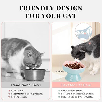 S&Q's CERAMICS Raised Slow Feeder Cat Bowl, Ceramic Elevated and Titled Glass Food Bowl Small Dogs Slow Feeder, Flower Shaped Cute Cat Dish for Dry and Wet Food (Pink, 5.8")