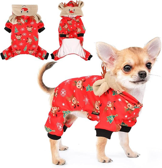 DaFuEn Dog Christmas Pajamas Reindeer Costume Puppy Hoodie Sweatshirts Xmas Cute Elk Pet Clothes for Small Dogs New Year Holiday Winter Warm Cats Jumpsuit Outfits Apparel (XX-Small, Red)