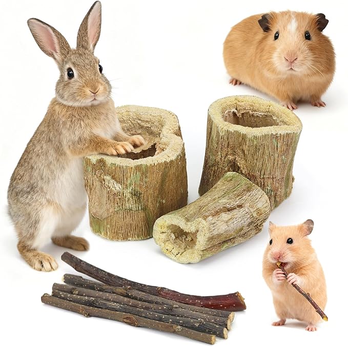3.5oz Rabbit Chew Toys for Teeth，Bunny Papaya Wood Chew Toys Guinea Pig Treats with Apple Stick for Rabbits Guinea Pigs Hamsters Chinchillas Gerbils Prevent Teeth Overgrowth (3.5 oz, original)