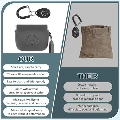 WALLFID Silicone Dog Treat Pouch Small Bag,Auto Closure,with Pet Training Clicker,Walking Bag for Dog and Cat,Pocket Size,Easy to Clean,Odorless (dark gray)