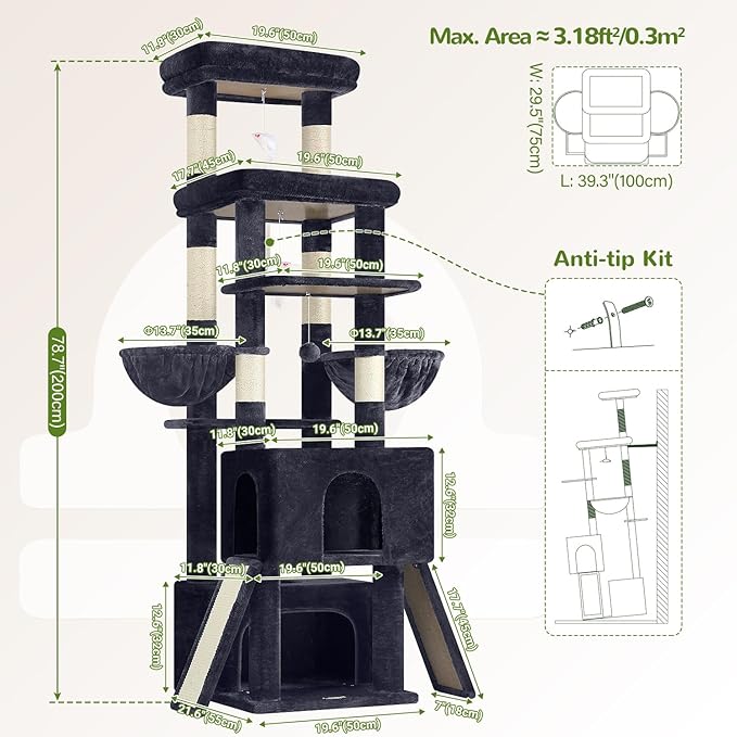 Globlazer Heavy Duty Cat Tree 78 inch Sturdy Cat Tower for 20lbs Large Adult Cats, Symmetrical Aesthetic Big Cat Tree with Extra Large Platform, 2 Scratching Boards, Z78, Dark Grey