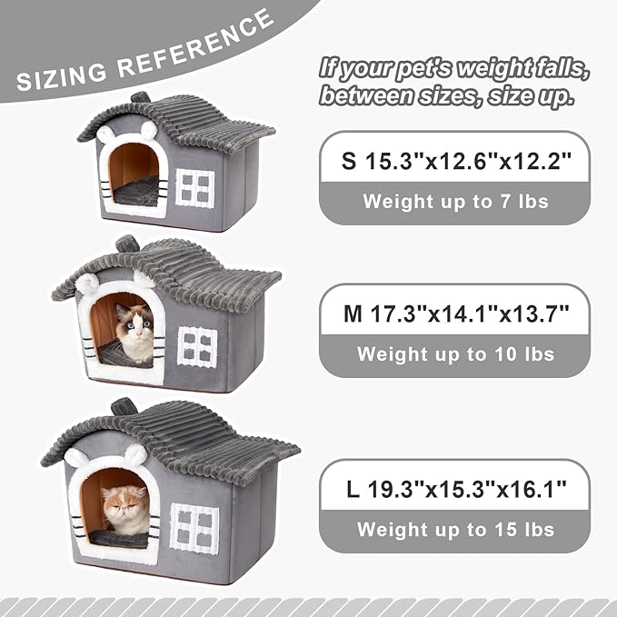 Jiupety Bear Cat Houses for Indoor Cats, Chimney Cute Cat Bed Cave, Enough Interior Space, Cartoon Soft Pet House Up to 3-7 lbs Kitten, Gray