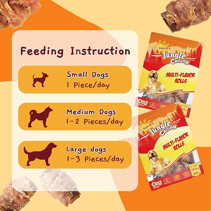 Jungle Calling Multi Flavor Rolls Dog Treats, Made with Real Chicken Duck Beef Meat, Peanut Butter Flavor Rawhide-Free Dog Snacks, Health Skin and High Protein Dog Treat, 10.6 oz