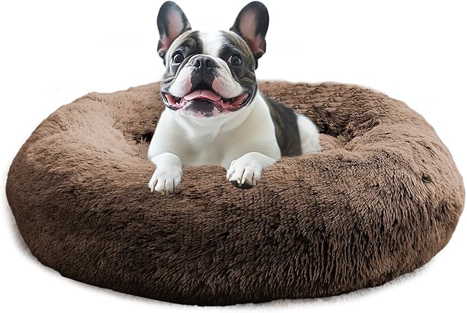 JOLLYVOGUE Small Dog & Cat Beds for Indoor Cats, Donut Cuddler Warming Soft Dog Beds with Anti-Slip Bottom, Round Calming Fluffy Plush Faux Fur Cushion Bed for Small Dogs (20", Coffee)