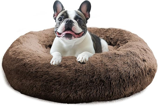JOLLYVOGUE Small Dog & Cat Beds for Indoor Cats, Donut Cuddler Warming Soft Dog Beds with Anti-Slip Bottom, Round Calming Fluffy Plush Faux Fur Cushion Bed for Small Dogs (20", Coffee)