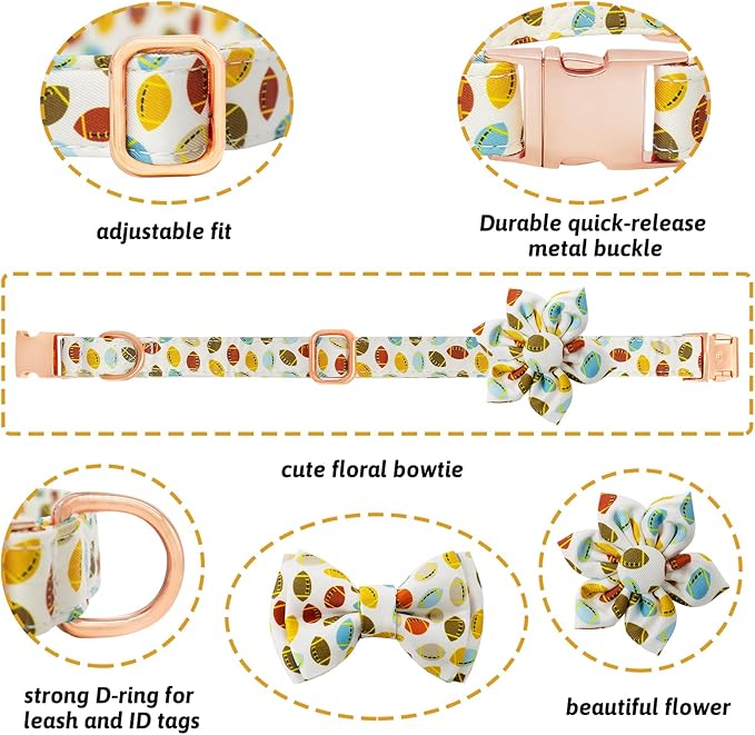 Dog Collar and Leash Set Girls Adjustable Puppy Collars with Floral Bow Tie for Small Medium Large Female Dogs, Rugby, L