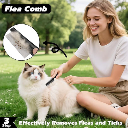 3PCS Self Cleaning Slicker Brush & Pet Grooming Rake & Flea Comb for Dogs,Cats and Horses | Double-Sided Dematting Comb & Skin Friendly Deshedding Grooming Tool | Pet Supplies (Light Pink)