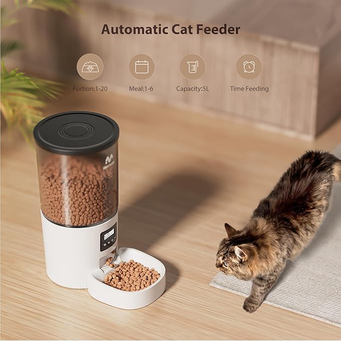 IMIPAW Automatic Cat Feeders, 5L Large Capacity, Timed Feeding Dry Food, Dual Power Design, Programmable Portion Size, 1-6 Meals Per Day, with Desiccant Packet, Suitable for Small Pets Food Dispenser