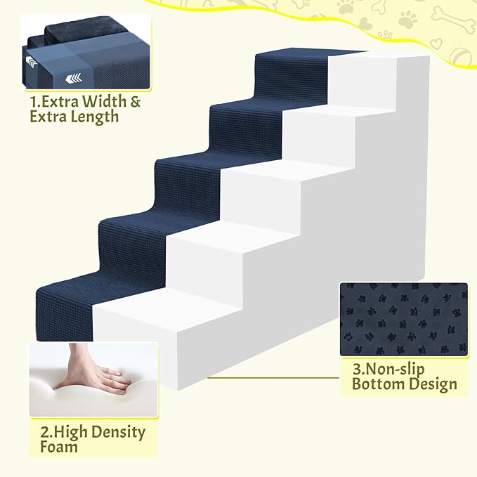 Niubya Dog Stairs for Small Dog and Cats,23”H Non-Slip Bottom Pet Steps for High Beds and Couch,High-Density Foam Pet Stairs Navy,5 Steps