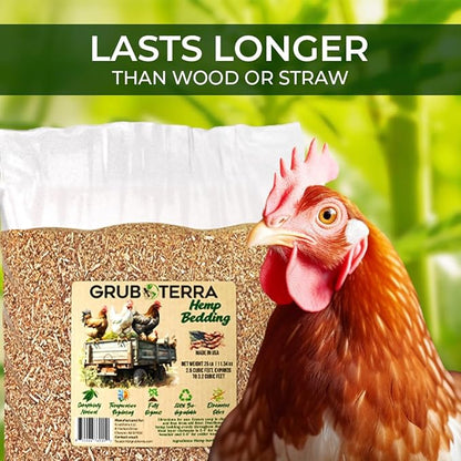GrubTerra Ultra Premium Hemp Bedding for Chicken Coop Heater 3.2 Cu Ft - Litter Nesting Box Pads, Hamster, Mice, Guinea Pig, Absorbent, Dust-Free, Suitable for Poultry and Small Pets, 100% Natural