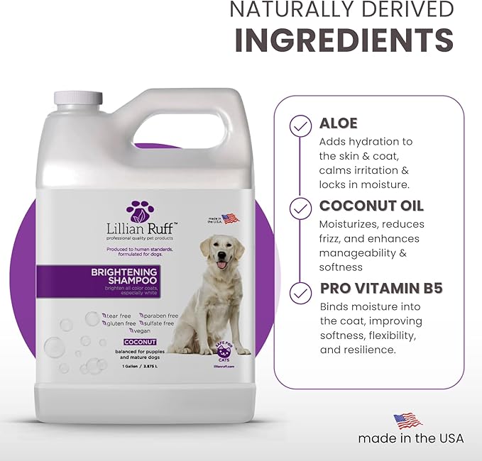 Lillian Ruff PRO Formula Ultra Brightening Dog Shampoo - Professional Whitening & Long-Lasting Odor Eliminator, Remove Stains & Discoloration, Dry Skin & Itch Relief with Aloe & Provitamin B5 (Gallon)