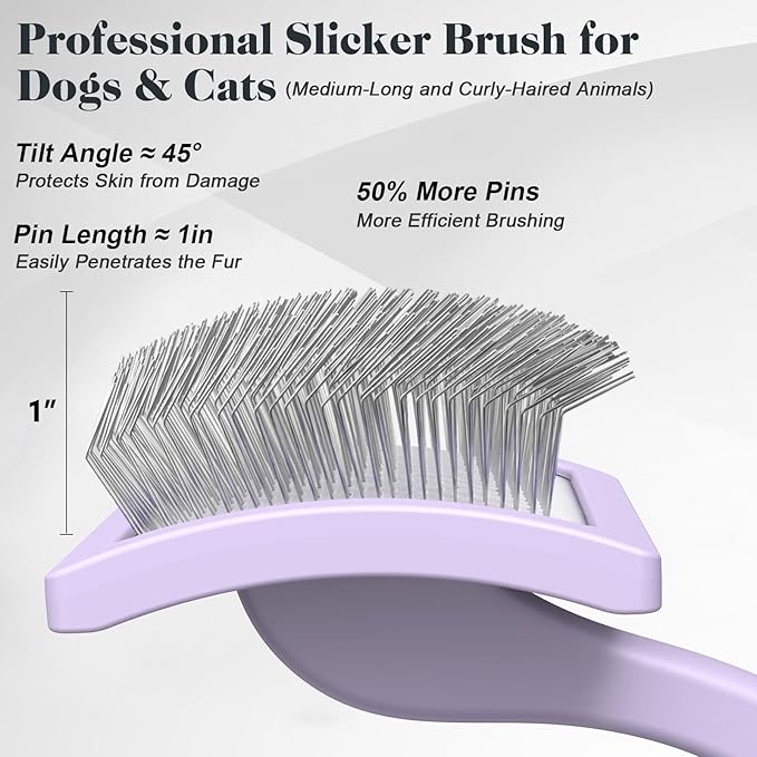 2PCS Slicker Brush for Dogs & Pet Comb,Professional Dog Grooming Brush (Goldendoodles,Poodles,Labradoodles) with Extra Long Pins to Effectively Remove Tangles, Knots and Mats (Light Purple, Large)