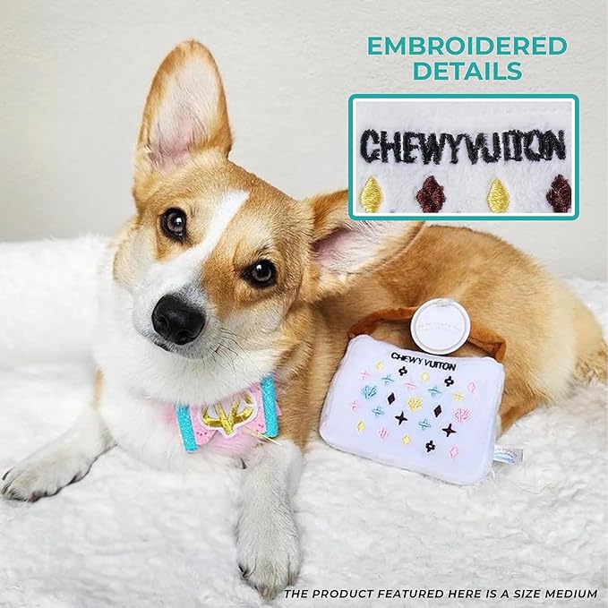 Haute Diggity Dog White Chewy Vuiton Handbag, Plush Designer Dog Toys with Interactive Squeaker, Stimulating Pet Enrichment, Machine-Washable & Safe Materials for All Breeds, Size Small