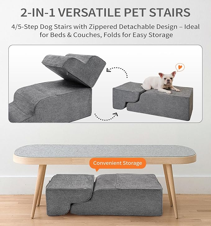 Made4Pets Dog Stairs Ramp for High Bed 22.8" H, 5-Step Pet Stairs for Bed Couch Sofa Climbing, 35D Foam Pet Steps for Small Dogs and Cats, Non-Slip Bottom Dog Steps, Grey