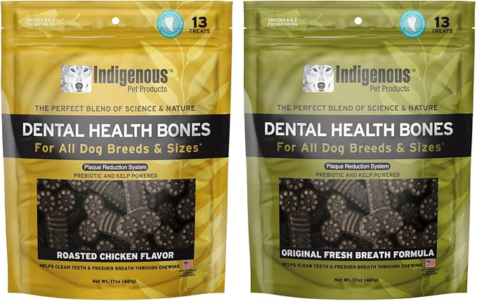 Indigenous Pet Dental Health Bones Regular 2 Pack Bundle – Chicken (17 Ounce) and Original (17 Ounce) | Grain-Free Dog Chews with Prebiotics & Omegas | Freshens Breath & Supports Digestive Health |